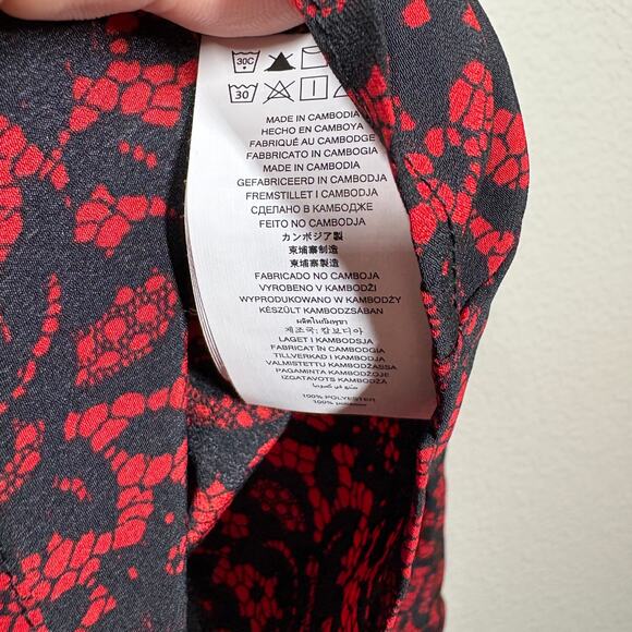 MICHAEL Michael Kors Medium Full Zip Shirt Crimson Black Floral Roll Tab Sleeves - Picture 11 of 11